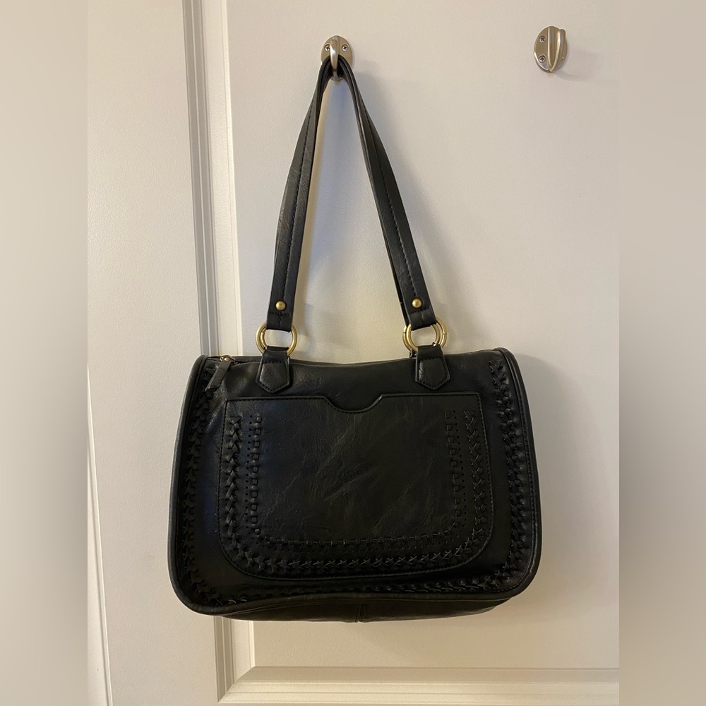 Antik Kraft Black LeatherShoulder Bag with Gold Accents